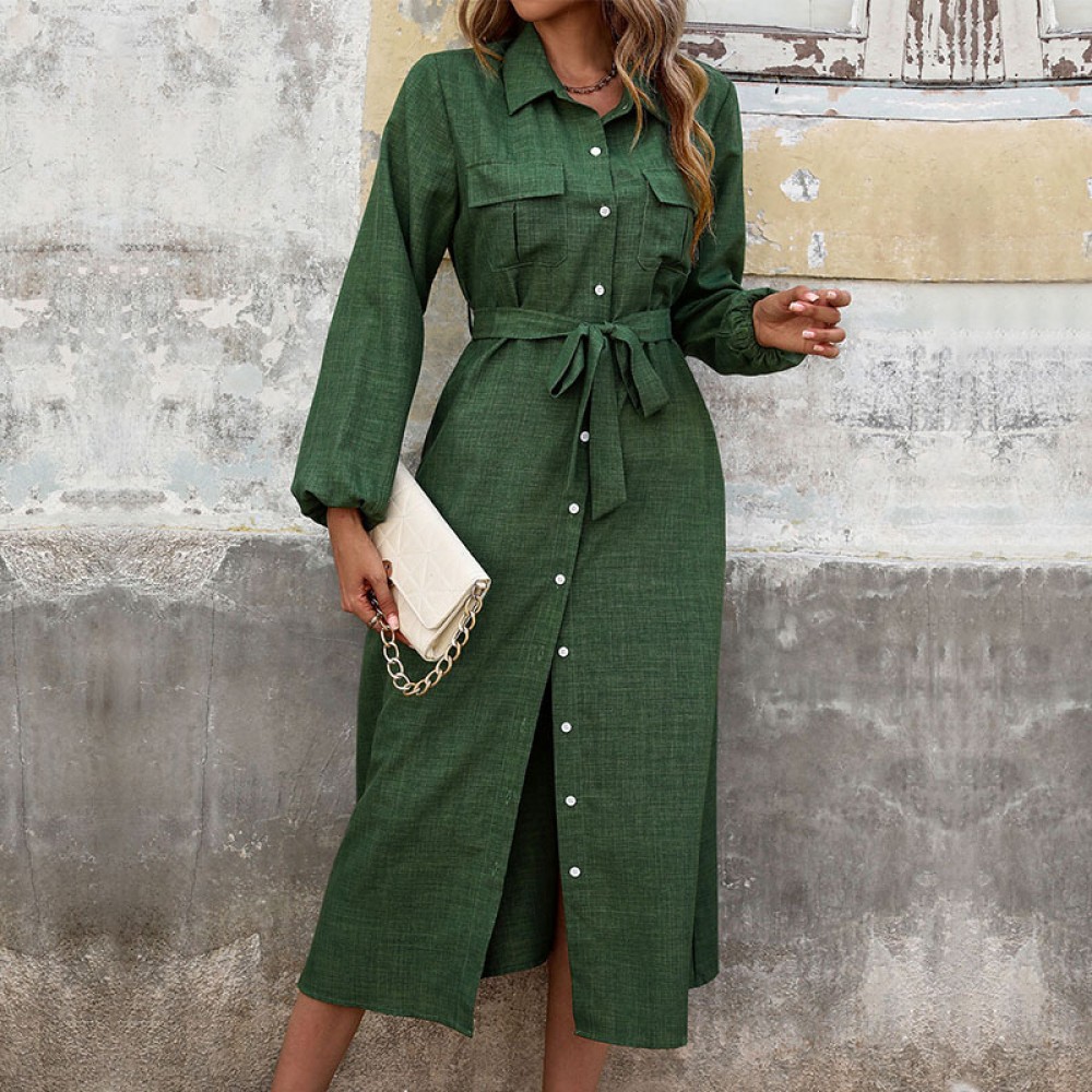 Fall Women Clothing Turn down Collar Green Long Sleeve Solid Color Dress