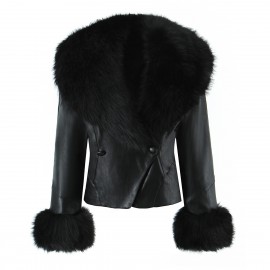 Women Clothing Autumn Winter Big Fur Collar Waist Controlled Short Jacket Leather Coat